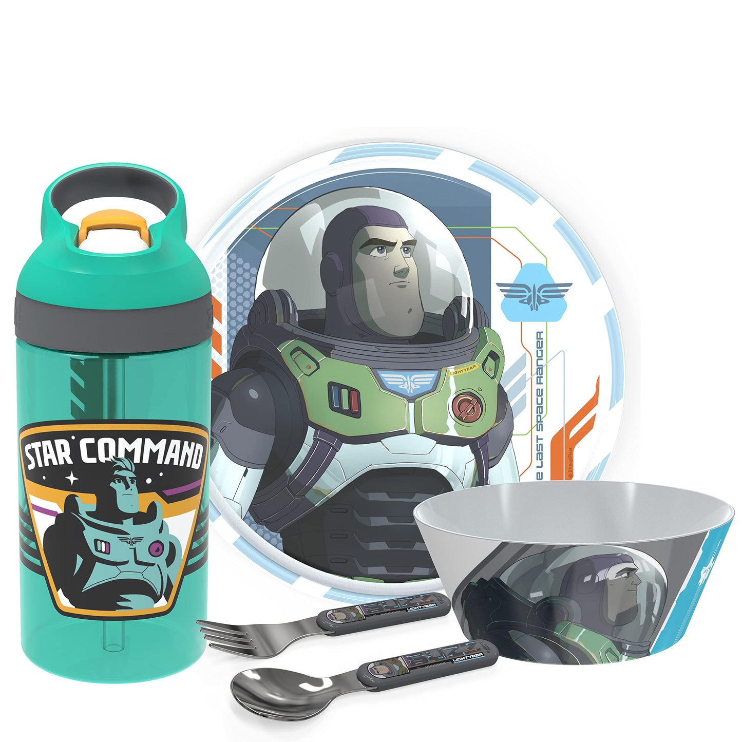 Zak Designs 5-Piece Dinnerware Set, Baby Shark - Durable Plastic & Stainless Steel - Includes Water Bottle, 8-Inch Plate, 6-Inch Bowl, Fork & Spoon - Suitable for Kids Ages 3+