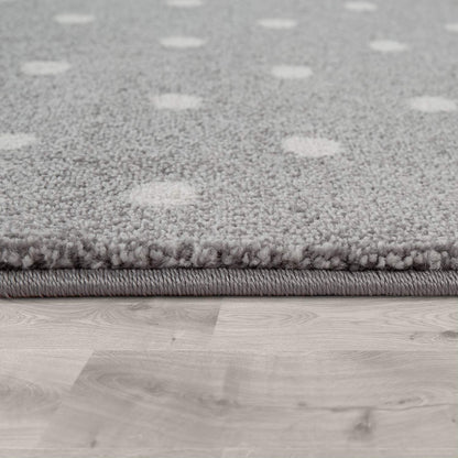Paco Home Kids Rug for Nursery Checkered with Dots & Stars in Blue White Grey, Size: 3'11" Round
