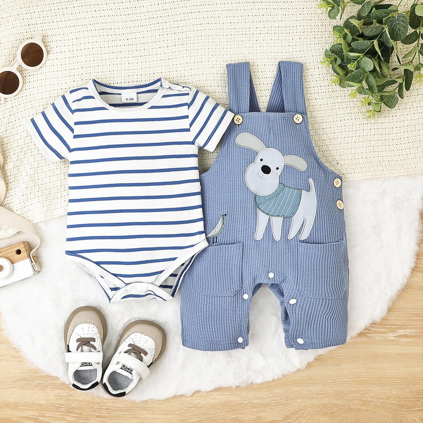 Baby Boy Clothes Infant Summer Outfits Short Sleeve Striped Romper Cute Cartoon Dog Overall Pants Set 2pcs 0-18 Months