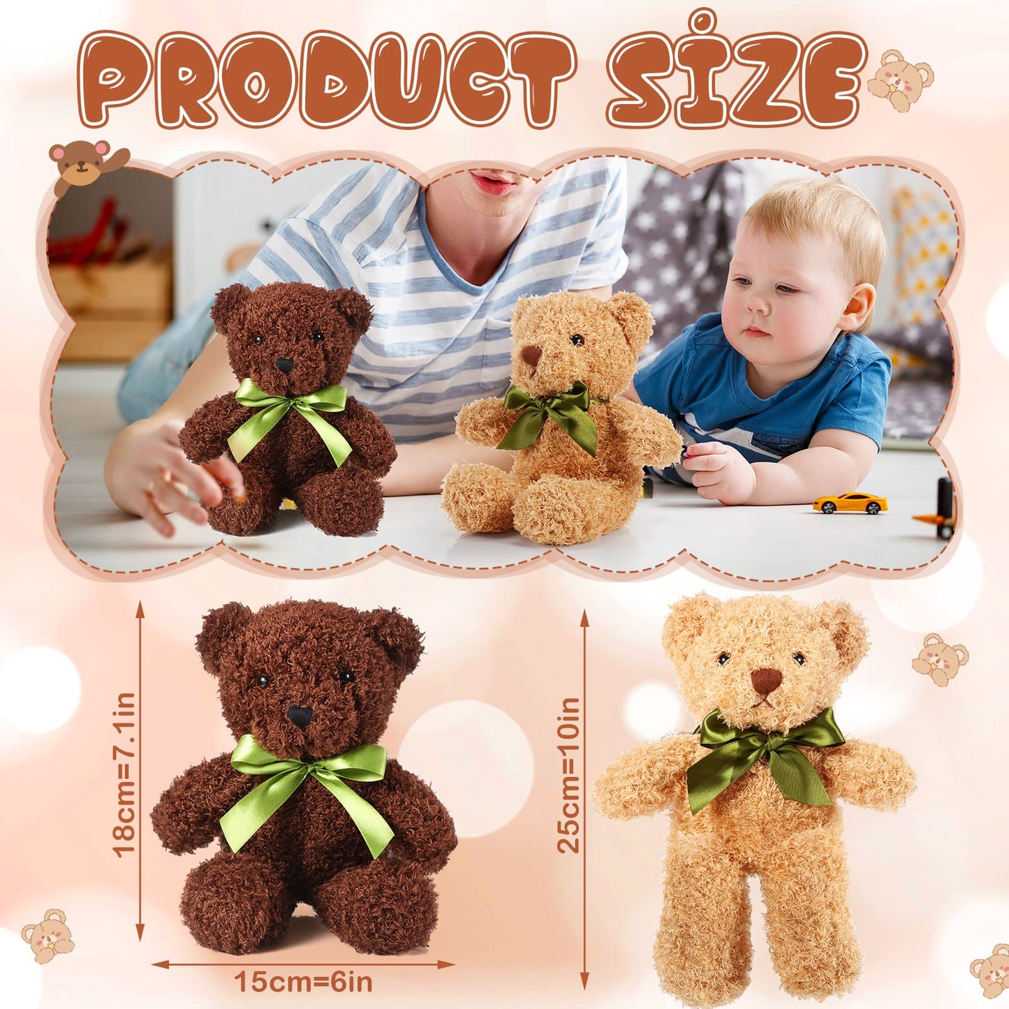 HyDren 6 Pcs Bear Stuffed Animal Plush Toys Soft Plush Dolls Bear Sleeping and Playing Toys for Baby Shower Decoration Boy(Fuzzy Style,Brown)