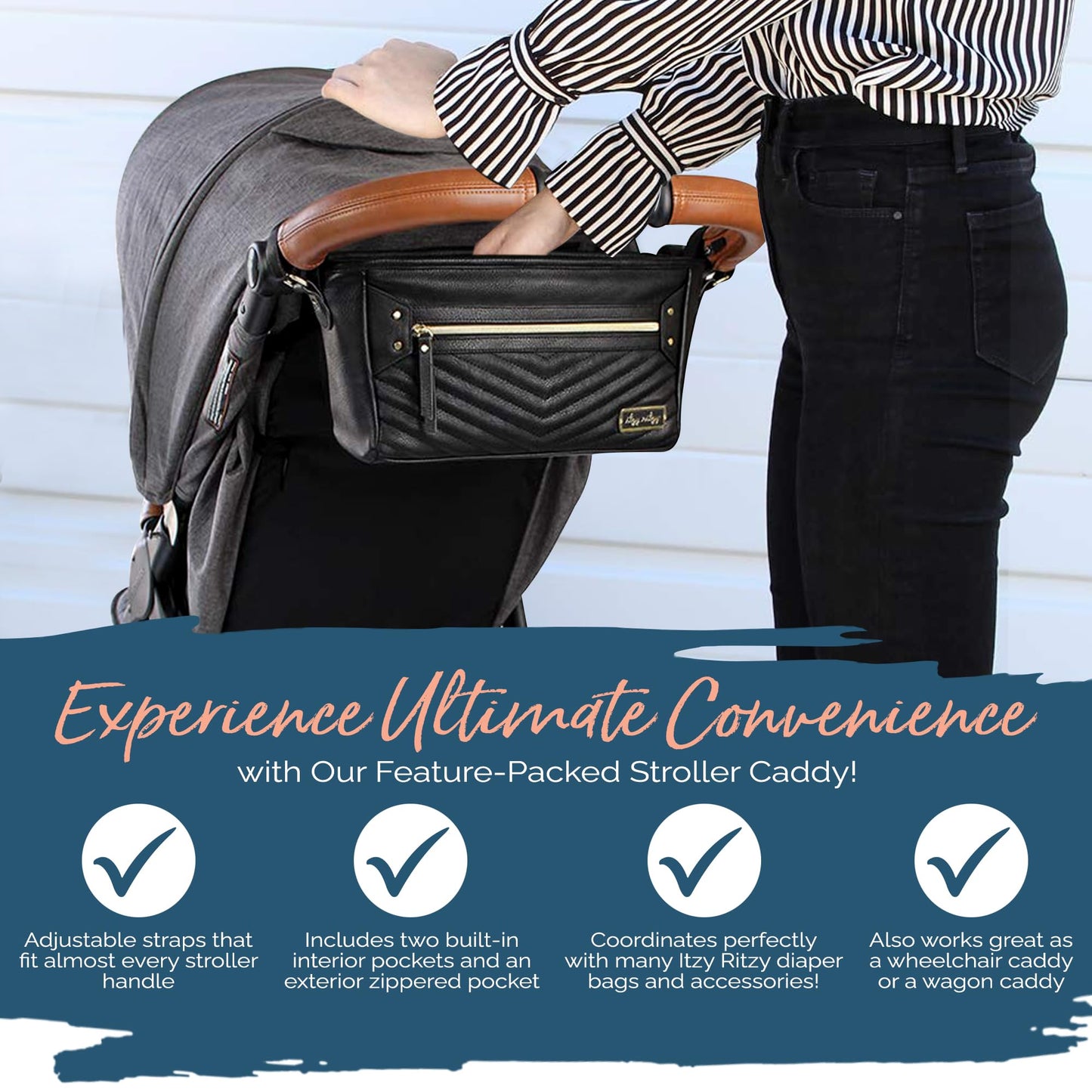Itzy Ritzy Adjustable Stroller Caddy and Organizer Bag Featuring Front Zippered Pocket, 2 Built-in Interior Pockets & Adjustable Straps to Fit Nearly Any Stroller (Chai)