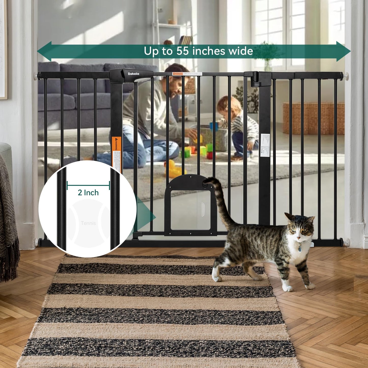 Babelio Upgraded Baby Gate with Cat Door, 29-43" Auto Close Durable Dog Gate for Stairs, Doorways and House, Easy Walk Thru Safety Gate with Pet Door Includes 4 Wall Cups, Black