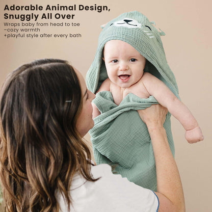 Konssy 2-Pack Muslin Baby Hooded Towels, Soft Cotton and Absorbent Baby Bath Towels for Newborn, Infant & Toddler with Animal Hooded Design (Bunny & Deer)