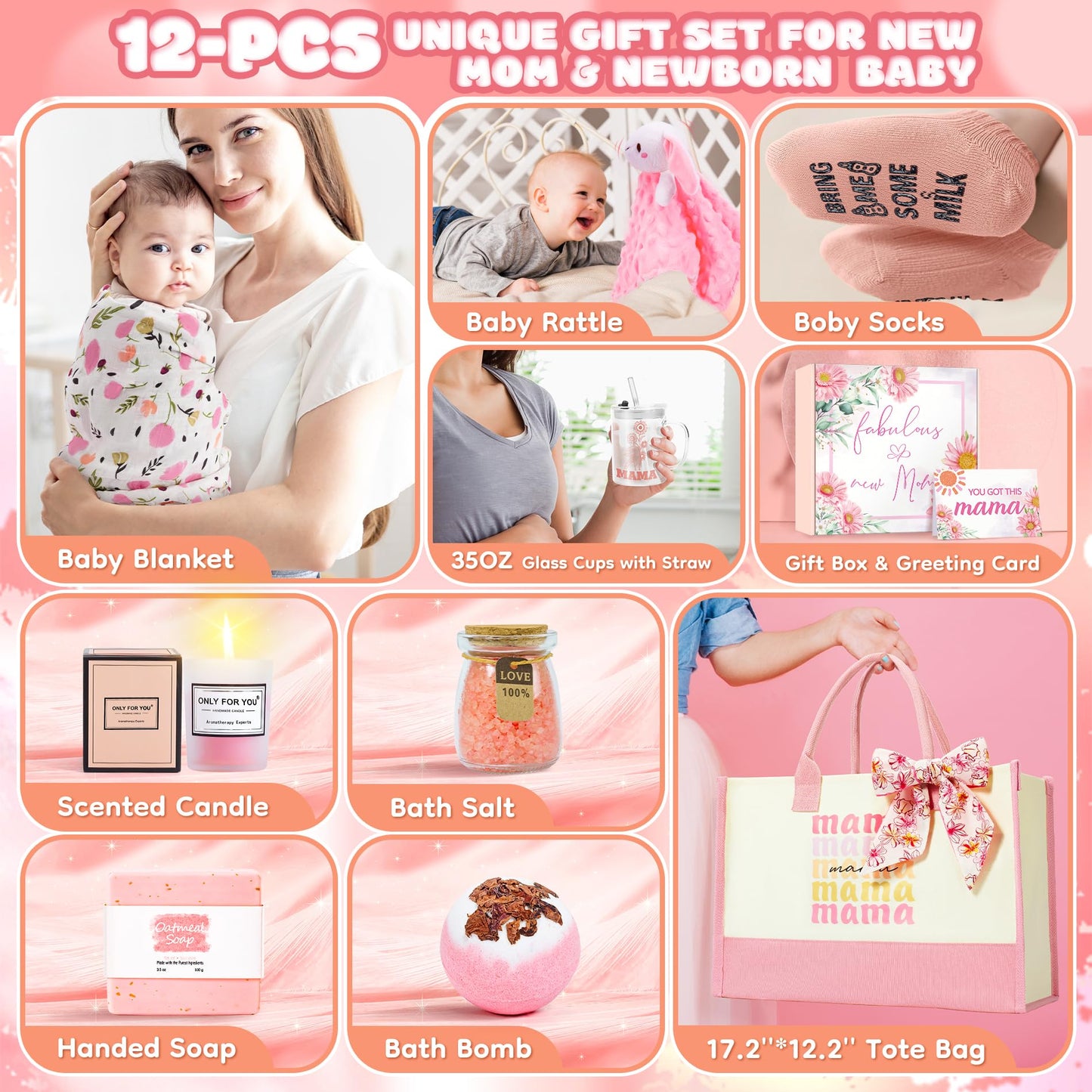 New Mom Gifts & Baby Girl Gift Set for Newborn,12PCS Baby Shower Gifts, Newborn Baby Girl Gifts,Pregnancy Gifts for Expecting Mom,New Mom Care Package After Baby, Pregnancy Gifts for Women and Baby