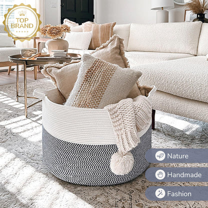 INDRESSME XXXLarge Cotton Rope Basket 21.7" x 21.7" x 13.8" Woven Baby Laundry Blanket Basket Toy Baskets with Handle Storage Comforter Cushions Thread Laundry Hamper