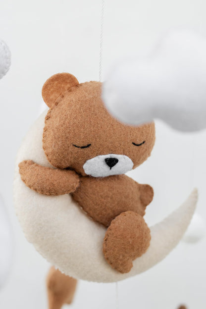 Girl Teddy Bear Mobile for Crib, Felt Ball Mobile Bear Crib Mobile Pink Bear Baby Shower, Gift Baby Nursery Decor Kids Mobile, Bear Stars Bird Mobile Mobile arm is NOT Included