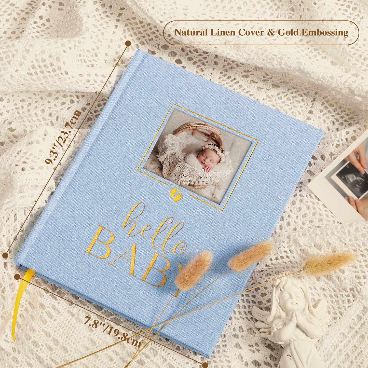 Lanpn Hello Baby Memory Book, Newborn First 5 Year Keepsake with DIY Window, Linen Baby Book Memories Journal Scrapbook Photo Book, Baby Milestone Album for Boy Girl New Parents (Beige, 154 Pages)