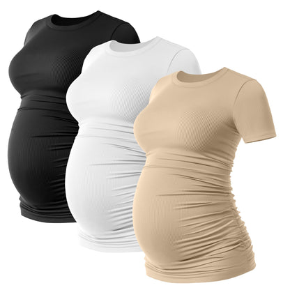 Ficerd 3 Pack Women's Maternity Shirts Cotton Short Sleeve Pregnancy Tops Side Ruched Ribbed Casual Mama tees Clothes