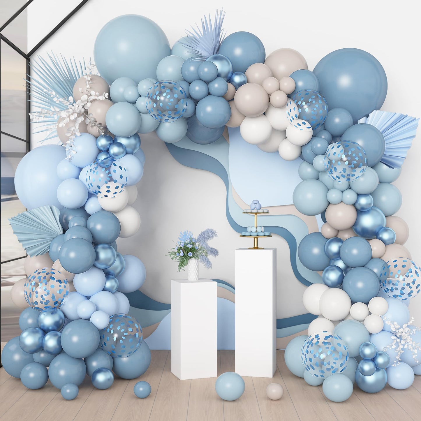 Amandir 173Pcs Pink Blue Green Balloon Arch Garland Kit, Dusty Baby Pink Mauve Pastel Mist Haze Green Blue Gold Confetti Balloons for Baby Shower Gender Reveal Wildflower Birthday Party Decorations