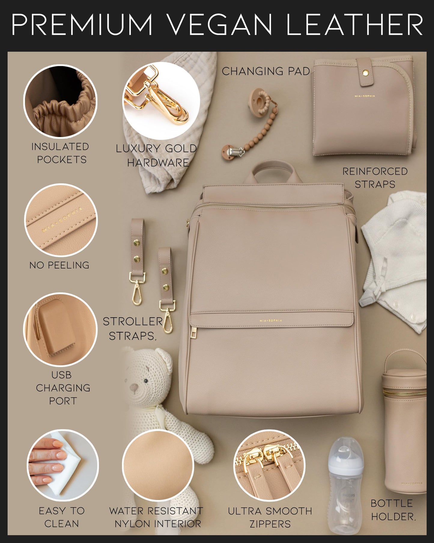 Leather Diaper Bag Backpack with USB Charging port, Changing Pad, Stroller Straps, and Bottle Holder (Brown Olivia)