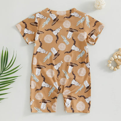 Gueuusu Country Baby Clothes Boy Girl Western Cow Print Short Sleeve Romper Bodysuit Ribbed One Piece Jumpsuit Summer Outfit