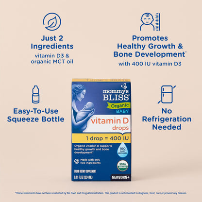 Mommy's Bliss Organic Baby Vitamin D Drops | Promotes Healthy Growth and Bone Development | Age Newborn+ | 0.11 Fl Oz (100 Servings)