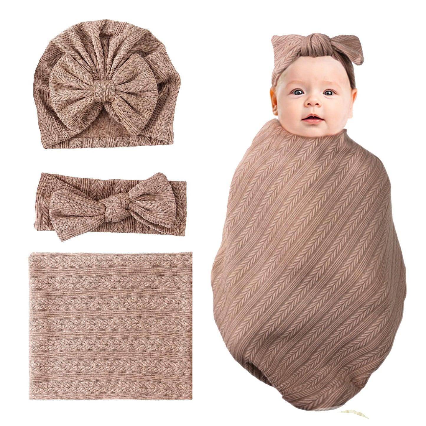 Jastore Baby Infant Swaddle Blankets for Girls 3PCS Newborn Accessories Set with Matching Hat and Bow Headband (Pale Pink, 33"*35")