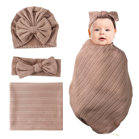 Jastore Baby Infant Swaddle Blankets for Girls 3PCS Newborn Accessories Set with Matching Hat and Bow Headband (Pale Pink, 33"*35")