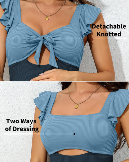 Charmo Ruffle Maternity Bathing Suits for Women Ribbed Tie Knot Maternity Swimsuit Cutout Ruched Pregnancy Swimwear