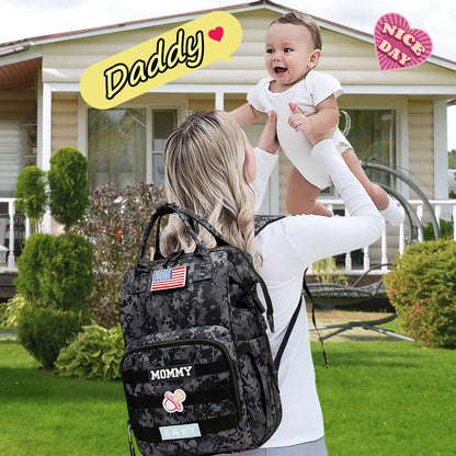 Diaper Bag Backpack for Dad and Mom with USB Charging Port Stroller Straps and Insulated Pocket,army military Travel Nappy Backpack for Daddy/Mommy (Black)