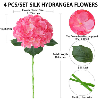 4 Pcs Pink Hydrangeas Artificial Flowers, 20 inches Large Lifelike Fake Silk Flowers, Faux Hydrangeas Flowers for Wedding Home Party Decor Baby Shower Table Centerpiece