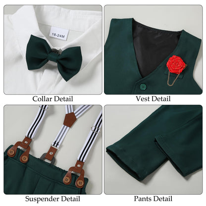 WESIDOM Toddler Boy Clothes Suit Formal Dress Shirt+Bowtie+Vest+Boutonniere+Suspender Pants Boys Gentleman Outfits Set