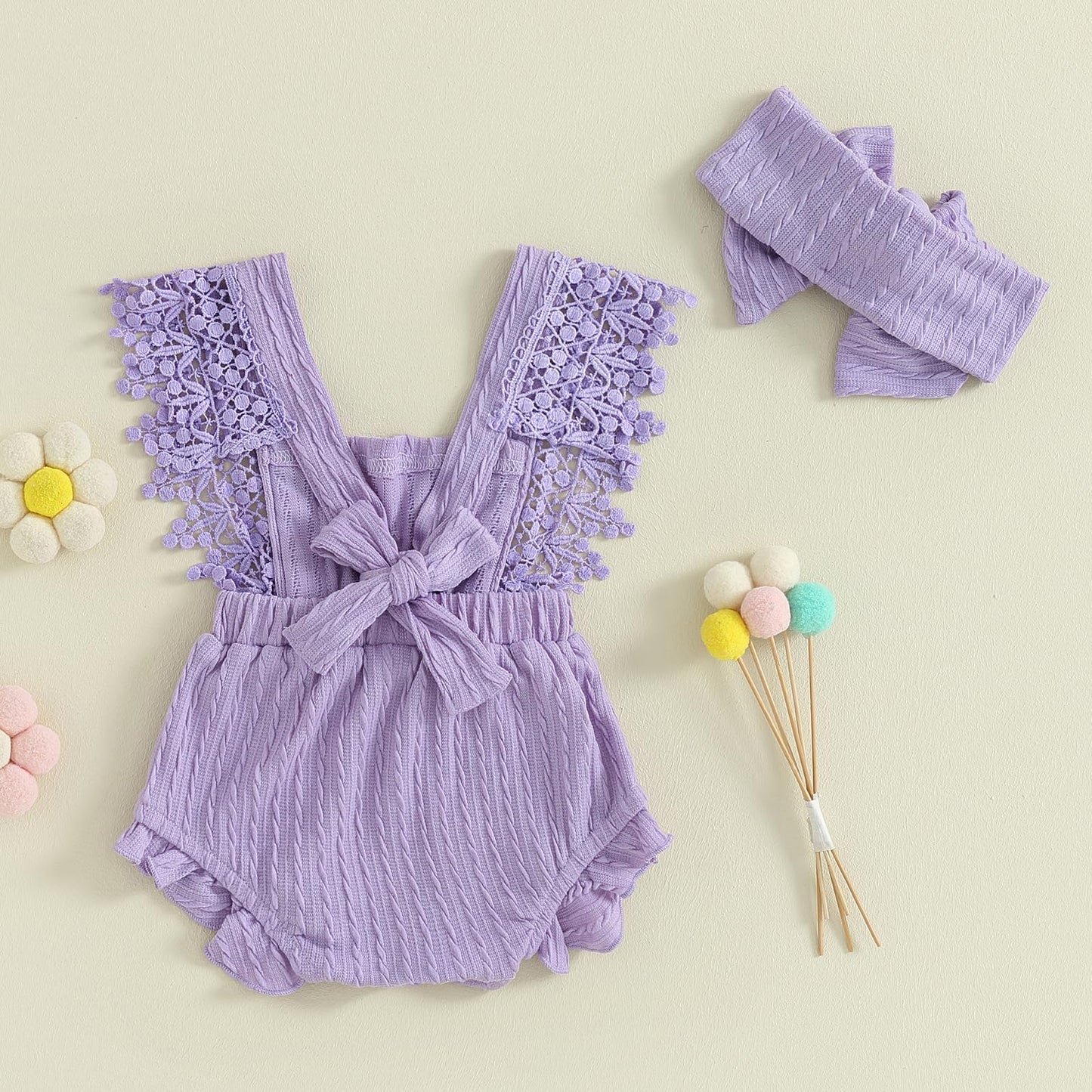 Newborn Baby Girl Lace Romper Ruffle Sleeveless Backless One Piece Jumpsuit Bodysuit with Headband Summer Clothes
