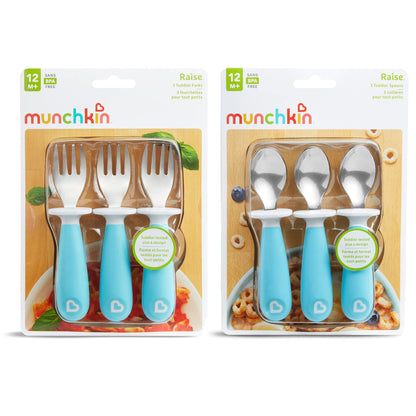 Munchkin® Raise™ Toddler Fork and Spoon Utensil Set, Rest Keeps Tip Off Table, BPA Free, 4 Pack, Blue/Green