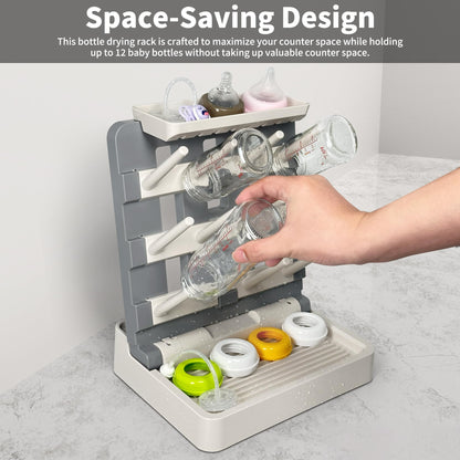 Baby Bottle Drying Rack, Vertical Standing Bottle Dryer Rack Holder-Space Saving Baby Bottle Drying Rack for Countertop-Holds Up to 12 Baby Bottles & Cup(Gray & Khaki)