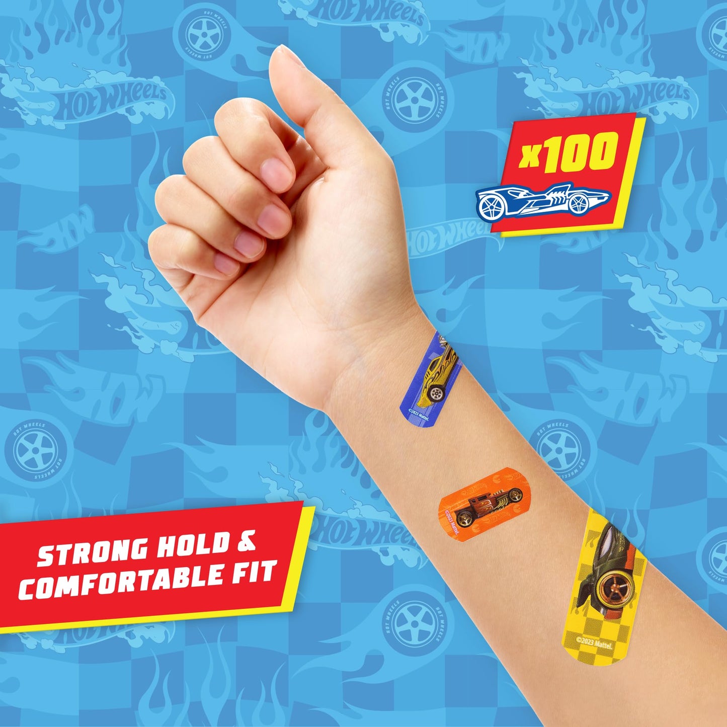 Hot Wheels Bandage Kit, Bandaids for Kids, Ideal for Boys, Infants and Children, Latex-Free Band Aids, Ft a Collectible Hot Wheels Tin Case, Variety Pack with 3 Assorted Sizes, 100 ct.