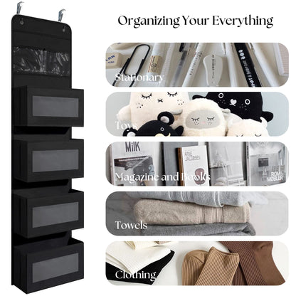 Over Door Organizer with 4 Large Capacity Pockets, Hanging Organizer Storage for Closet Bathroom Nursery Bedroom Dorm, Toys Cosmetics Sundries and Baby Essentials, Gray