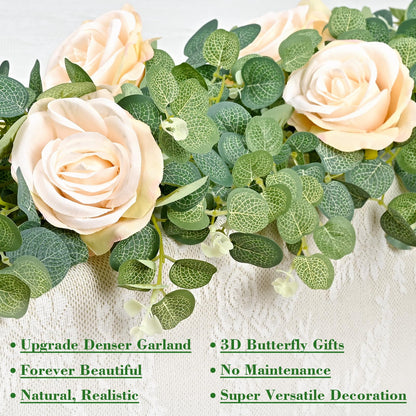 Yastouay 6.4 Ft Fuller Artificial Eucalyptus Garland with Champagne Flowers Fake Rose Vine for Table Centerpiece Wedding Baby Shower Party Room Backdrop Decor