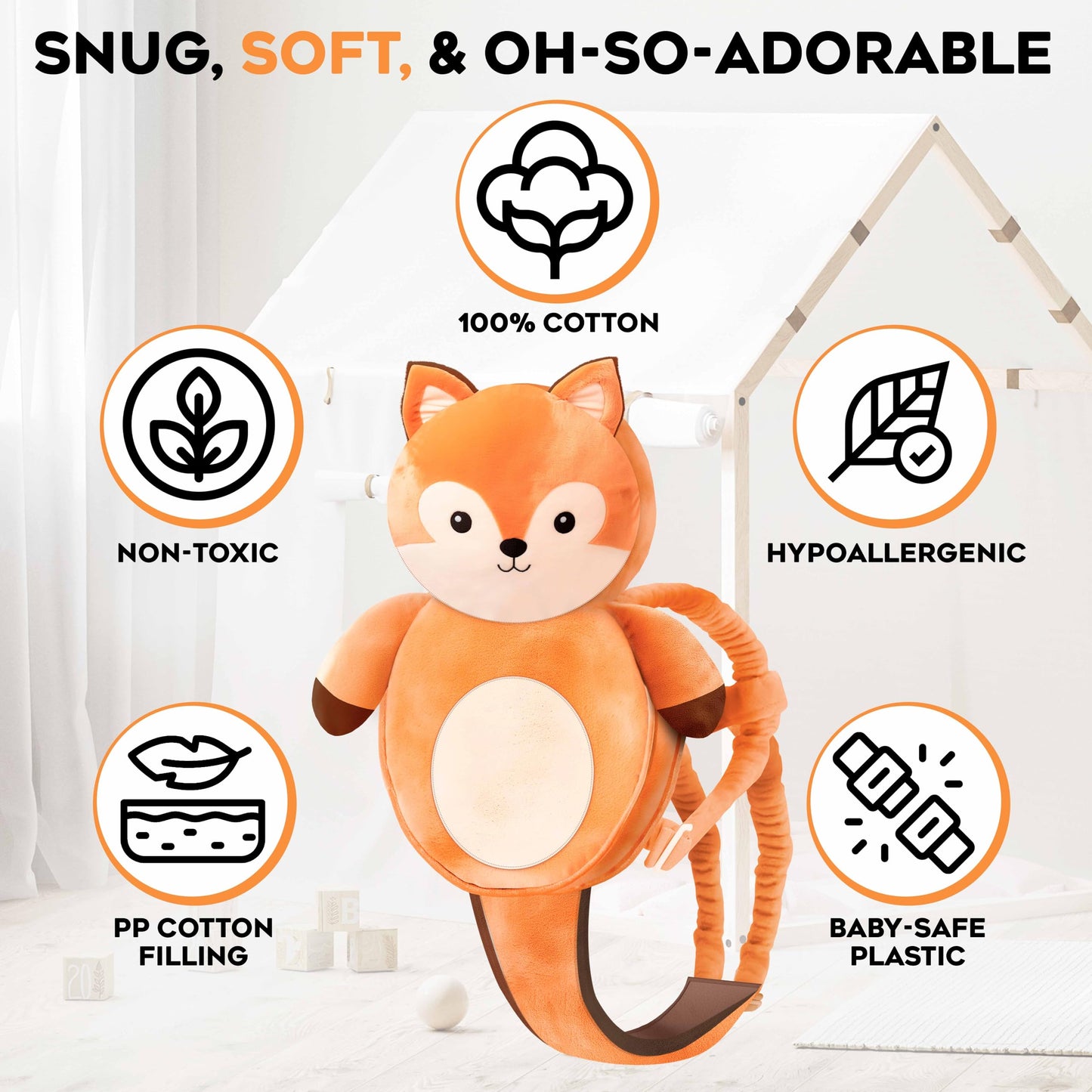 100% Cotton Non-Toxic Hypoallergenic Baby Backpack Head Protection Pillow, Full Head Coverage, Baby Head Pillow for Falling, Secure, Durable, Fox (Orange)