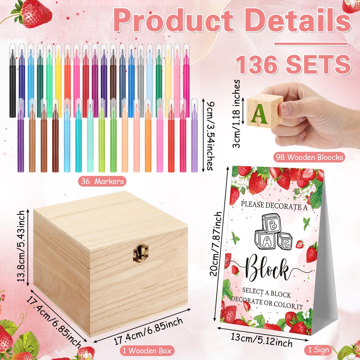 Marsui 136 Pcs Baby Shower Blocks to Decorate Game Kit Includes 98 Wooden Blocks, 36 Markers, 1 Game Sign, 1 Storage Box for Baby Shower Gender Reveal Activity Party Decorations(Pink Elephant)