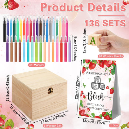 Marsui 136 Pcs Baby Shower Blocks to Decorate Game Kit Includes 98 Wooden Blocks, 36 Markers, 1 Game Sign, 1 Storage Box for Baby Shower Gender Reveal Activity Party Decorations(Pink Elephant)