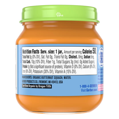 Gerber Stage 1 Baby Food, Organic Butternut Squash Jar, Baby Puree, Non-GMO, Vegetable, Puree Jars Glass, 10-pack