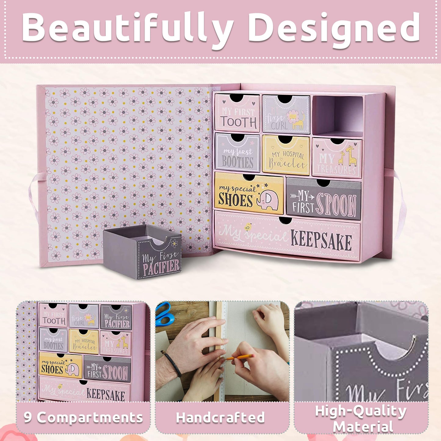 VOTUM Baby Keepsake Box for Treasured Memories, Fairytale - Lightweight, Handcrafted Baby Boxes with 9 Labeled Compartments for First Memories - Gender Neutral Baby Shower Gifts for Girls, Boys