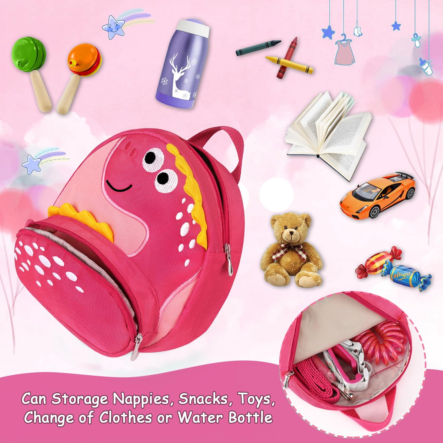 Accmor Toddler Harness Backpack Leash, Cute Dinosaur Backpacks with Anti Lost Wrist Link, Cute Mini Child Backpack Wristband Tether Strap and Protection Leashes for Boys Girls Aged 1-3 Years