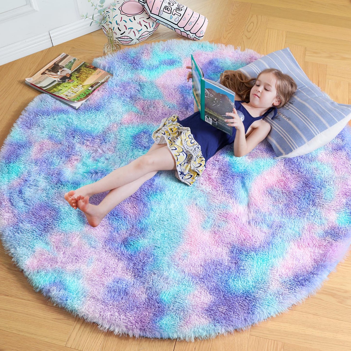Pink Round Area Rugs 6Ft for Bedroom Living Room, Big Fluffy Shag Circle Rug for Kids Playroom, Cute Preppy Room Decor for Teen Girls, Cozy Fuzzy Furry Plush Carpets for Baby Nursery, Dorm, Classroom