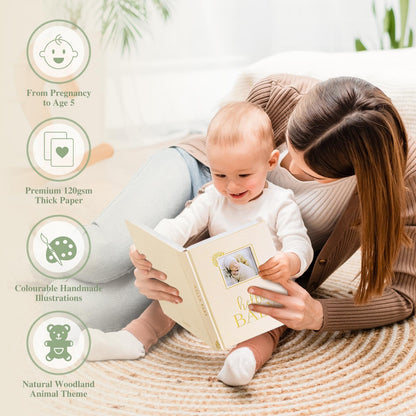 Lanpn Hello Baby Memory Book, Newborn First 5 Year Keepsake with DIY Window, Linen Baby Book Memories Journal Scrapbook Photo Book, Baby Milestone Album for Boy Girl New Parents (Beige, 154 Pages)