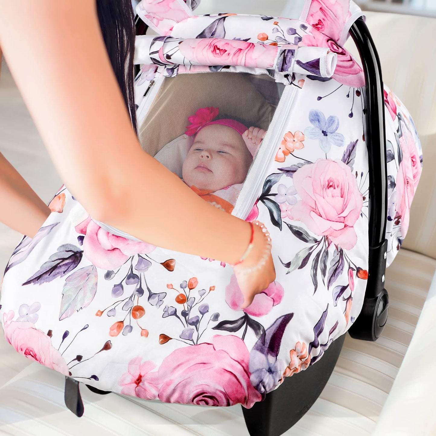Pea Pod Car Seat Cover Baby, Infant Car Seat Canopy Covers for Newborn with 2 Layers Windows of Breathable Mesh Fabric, Lightweight Polyester/Soft Minky Dot Backing (Floral & Rainbow)
