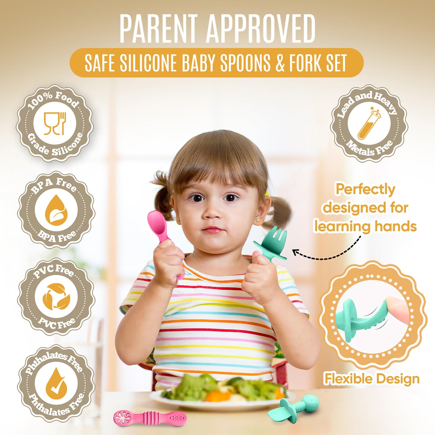 4pc Silicone Baby Spoons Self Feeding Baby Utensils 6-12 Months - 3 Baby Spoon - 1 Baby Fork - Toddler Cutlery Set - BPA Free, Dishwasher Safe, Baby Eating Essentials (Light pink/Army Green)