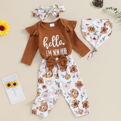 Hello World Newborn Outfit Baby Girl Going Home Outfit Ruffle Ribbed Romper Top Floral Pants Set Cute Summer Clothes