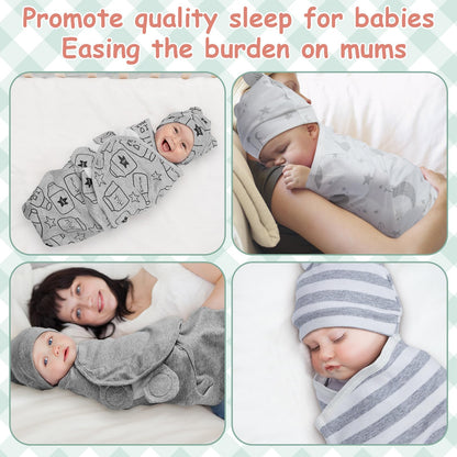 Ramede 6 Pack Baby Swaddle Blanket with Hats Sleep Swaddle for 0-3 Months Newborn Sacks Soft Cotton Wearable for Boy Girl