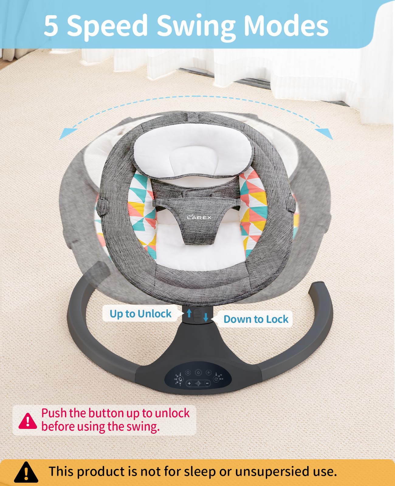 LAREX Baby Swings Electric Baby Swing Bluetooth Infant Swing Portable Rocker with 5 Speeds, 1 Seat Position, Remote Control, Grey