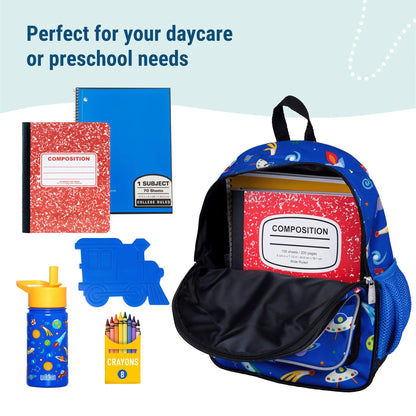 Wildkin 12-inch Kids Backpack – Padded, Adjustable, Ideal for Daycare & Travel - Trains, Planes, and Trucks