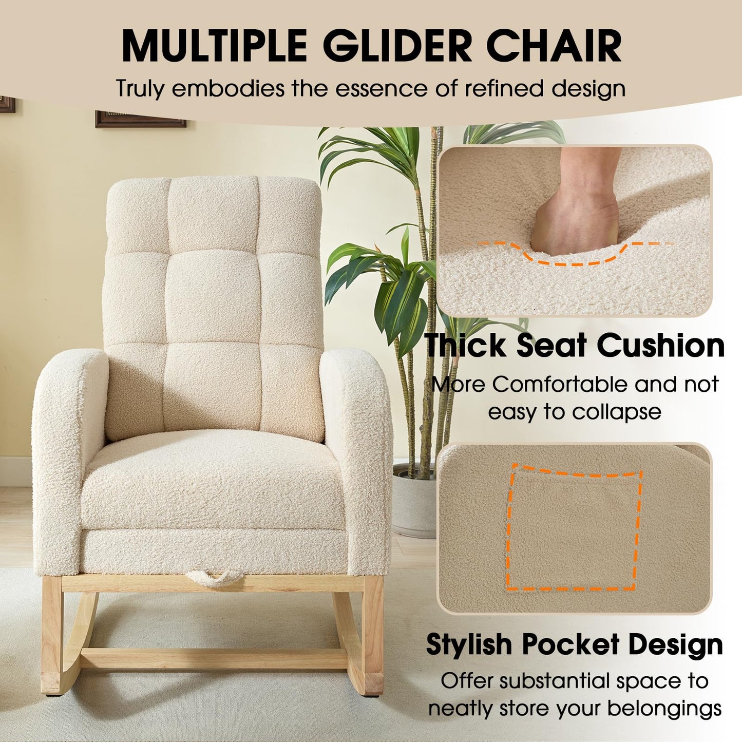 NIOIIKIT Modern Nursery Rocking Chair, Teddy Upholstered Rocking Chair with Footrest, Comfortable Glider Rocker with Side Pocket for Living Room, Bedroom, Nursing Room (Beige)