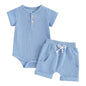 Kuriozud Newborn Baby Boy Summer Clothes Button Short Sleeve Romper Bodysuit Shorts Set Toddler Soft Waffle Outfit