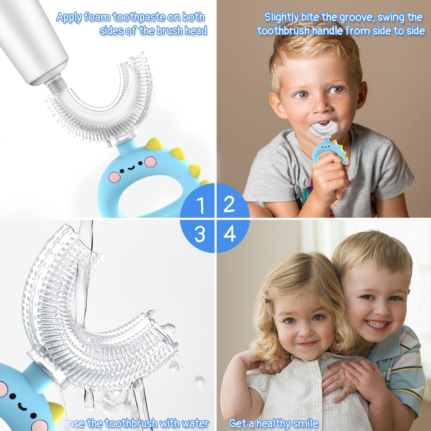 U Shaped Toothbrush - for Kids, Manual Whole Mouth Toddler Toothbrush Age 2-4 5 6 & up, Food Grade Soft Silicone Brush, 360° Oral Teeth Cleaning, Good for Dental Health, 2 Blue