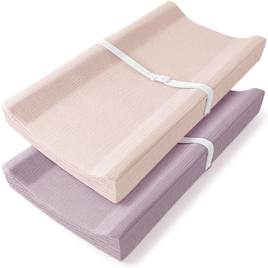 Bearmoss Changing Pad Cover, 2 Pack Muslin [100% Cotton] Diaper Changing Table Covers, 32'' x 16'' Soft Breathable Changing Pad Sheets for Unisex Baby Girls and Boys with Strap Holes (Bluemoon)