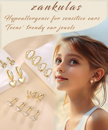 Stainless Steel Hypoallergenic Earrings for Girls Toddler Kids Baby Screw Flat Back Stud Earrings Set for Teen Jewelry