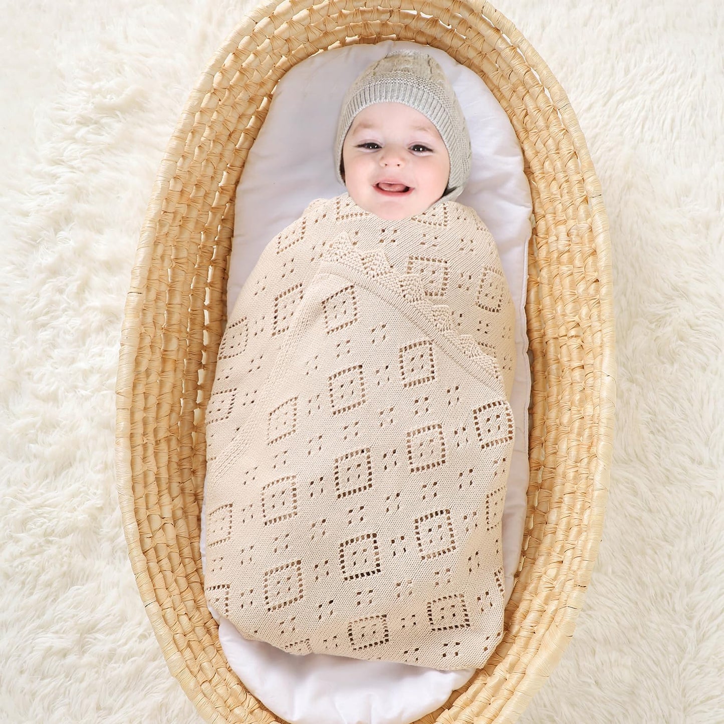 mimixiong Baby Swaddle Blanket 100% Cotton Gender Neutral Pointelle Receiving Blanket for Boys Girls Cuddle Stroller Crib Blanket (Oatmeal)