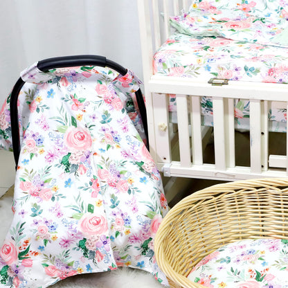 Baby Car Seat Cover, Peekaboo Opening Spring Car Seat Canopy for Baby Girls Boys, Mom Nursing Breastfeeding Covers, Blanket for Infant, Pink Watercolor Flower
