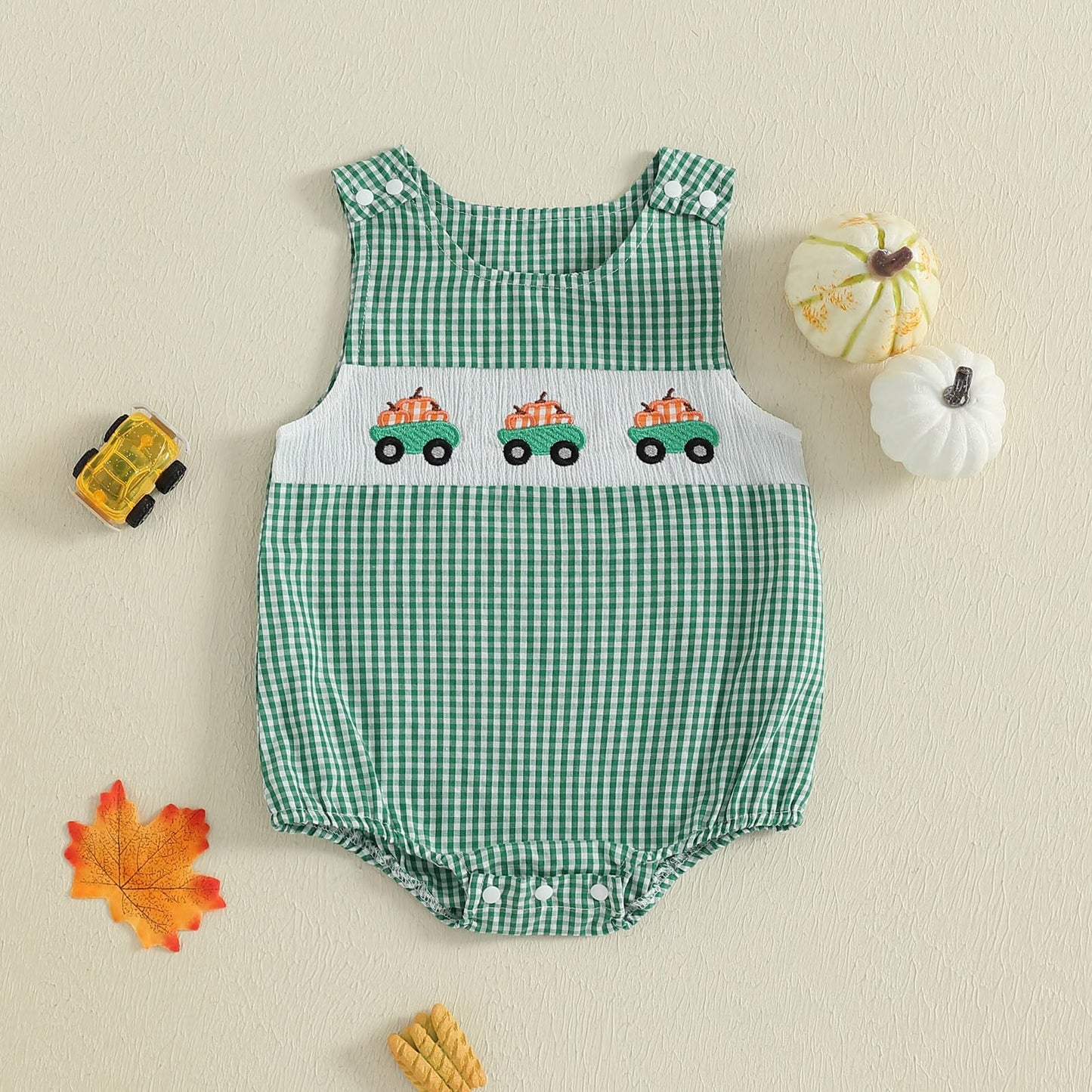 Baby Girl Pumpkin Embroidery Jumpsuit Halloween Sleeveless Round Neck Plaid Tank Romper
